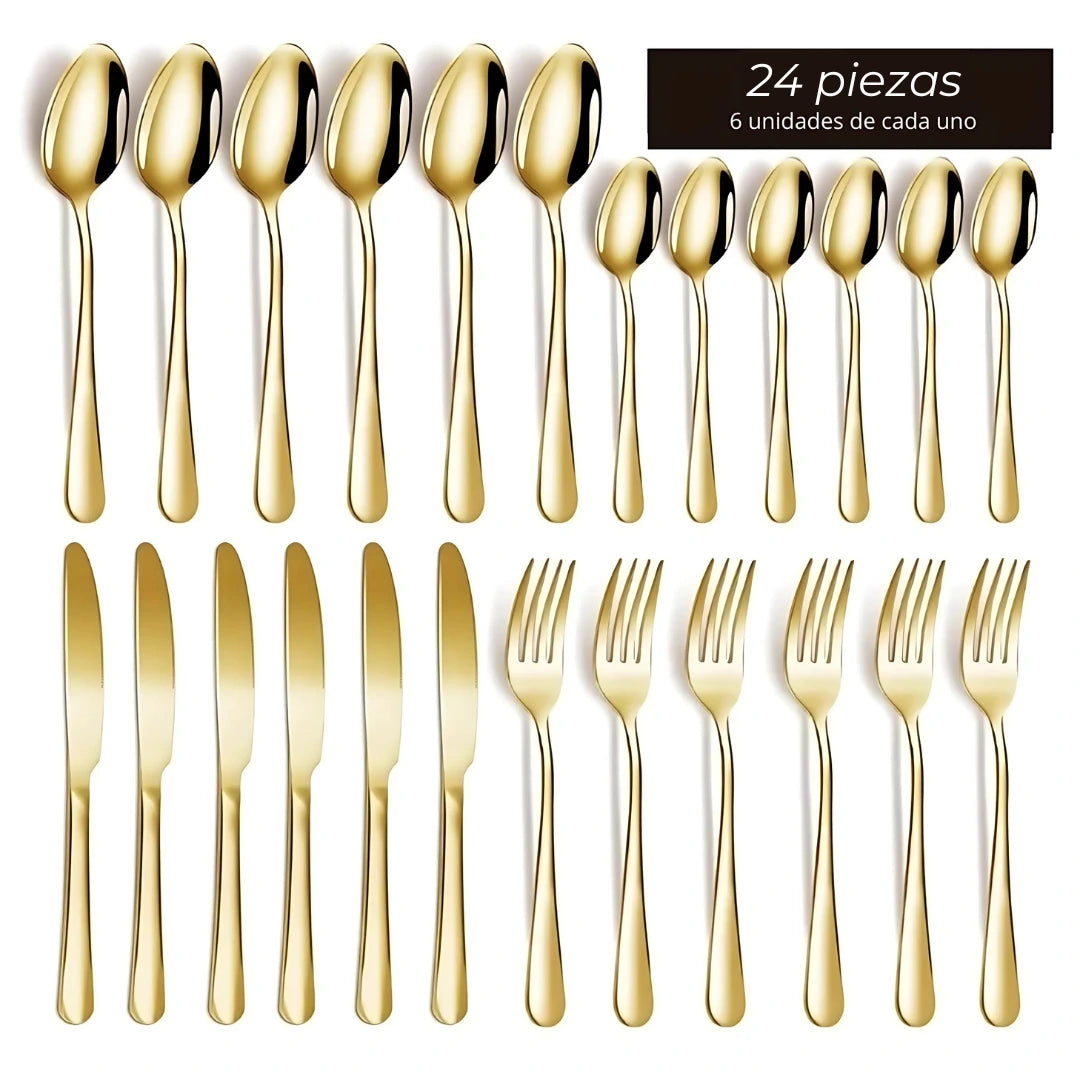 Golden Kitchen® | Set de Cubiertos Dorados Premium Acero Inoxidable + Caja de Regalo