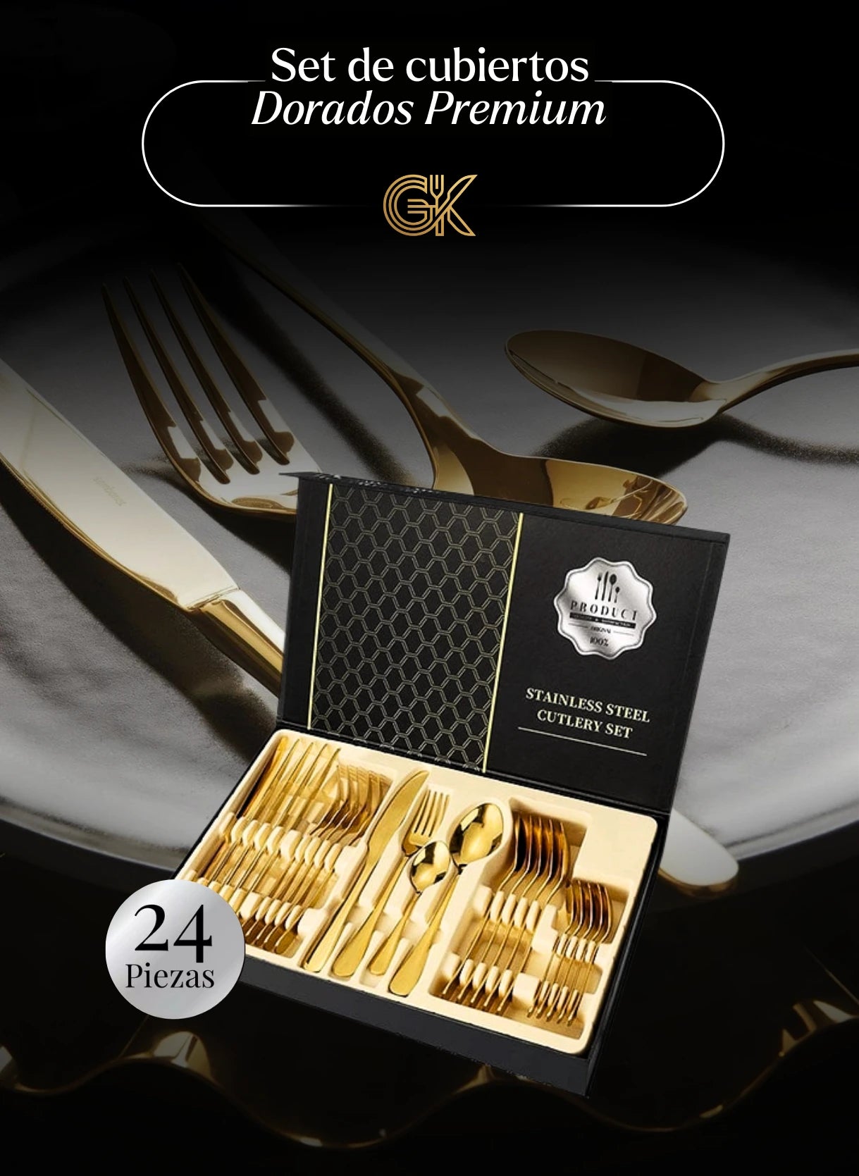 Golden Kitchen® | Set de Cubiertos Dorados Premium Acero Inoxidable + Caja de Regalo